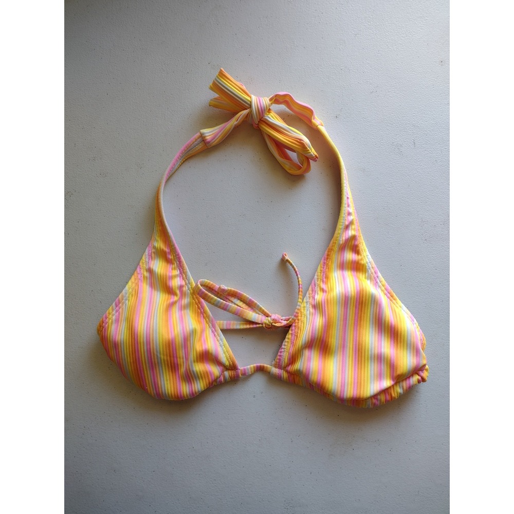 Yellow Pink Striped Triangle Bikini‎ Top Ribbed Halter Swimwear Women Medium